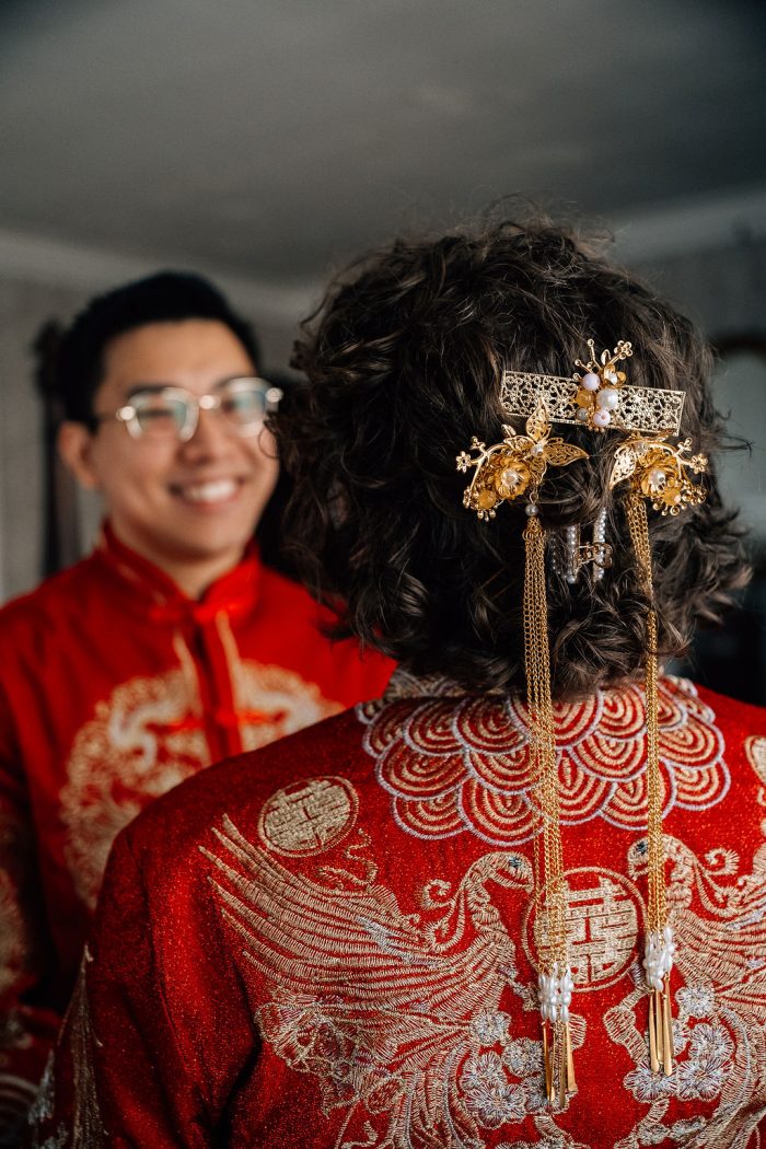 beautifully intricate hairpiece for a chinese tea ceremony