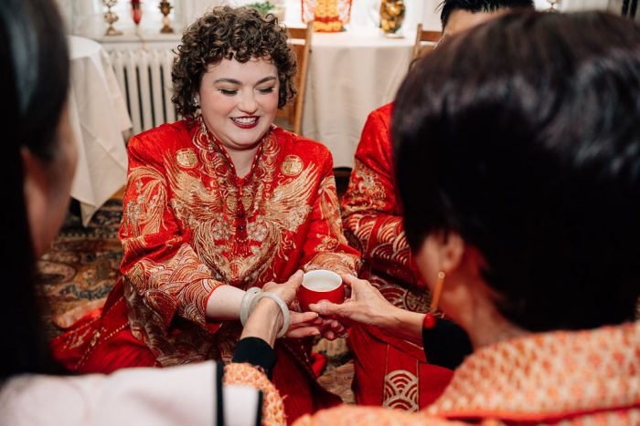 bride offering the groom's mom and grandma tea