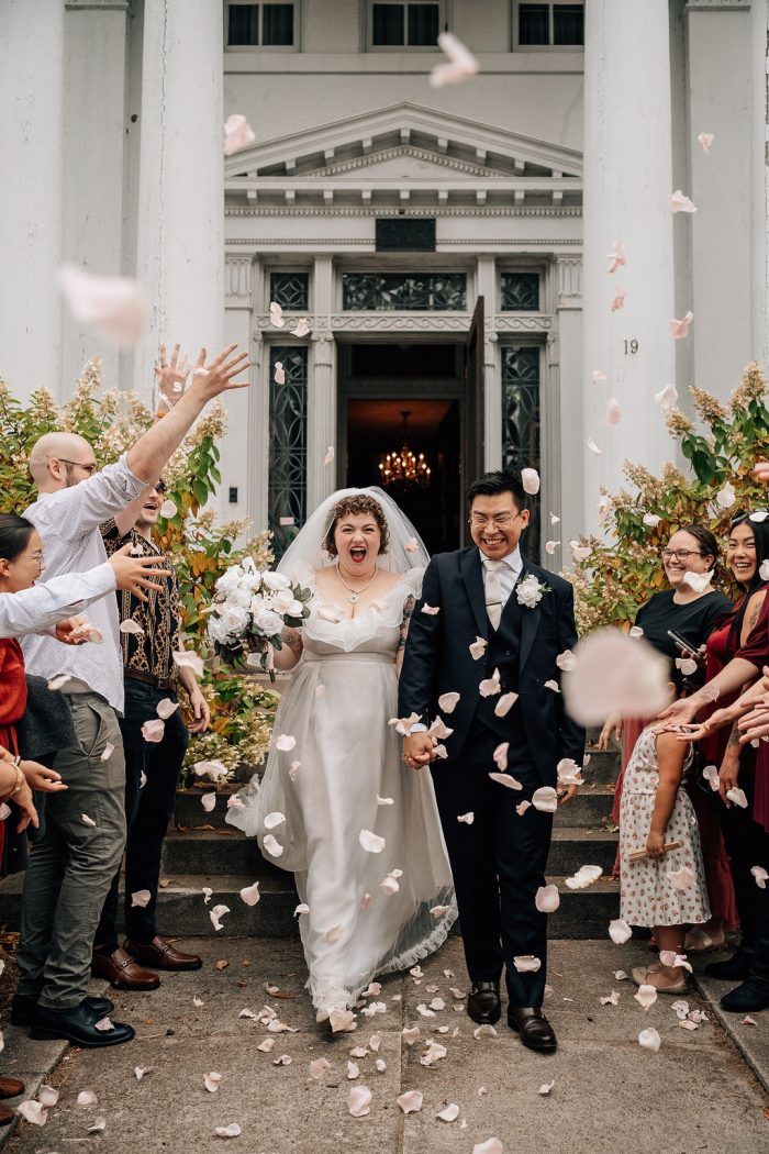 bride in vintage wedding dress joyful after wedding ceremony