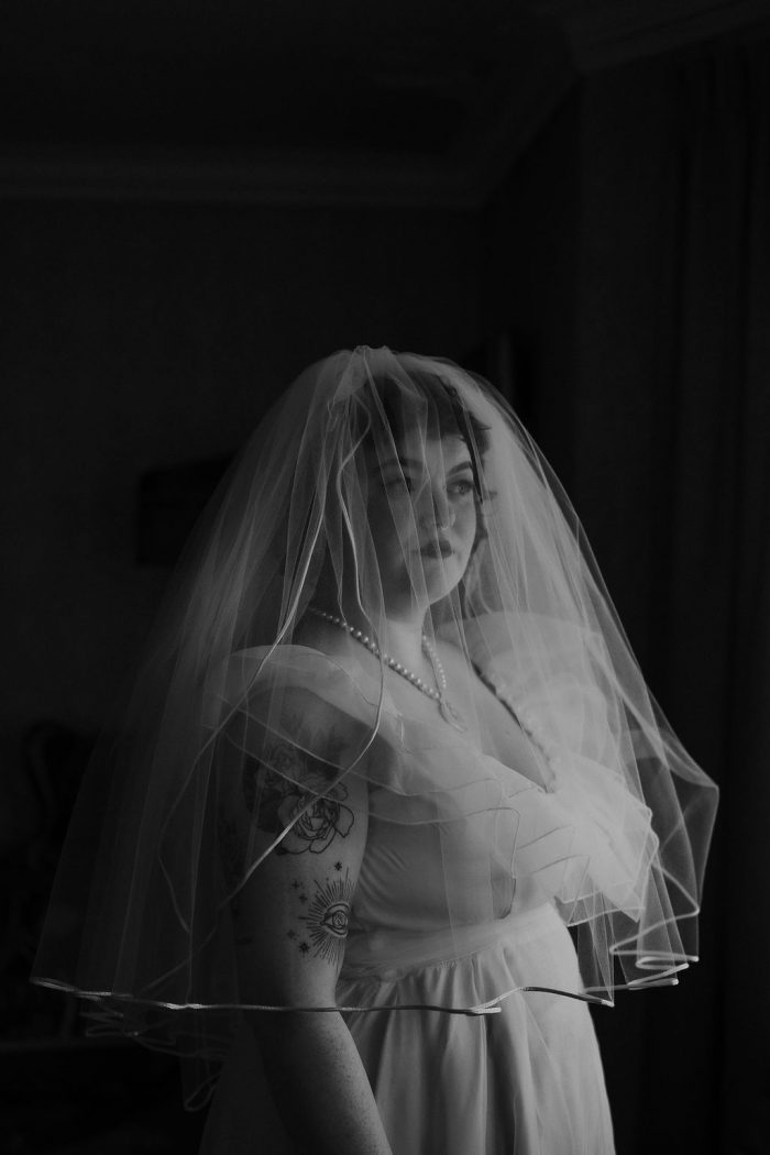 black and white portrait of bride